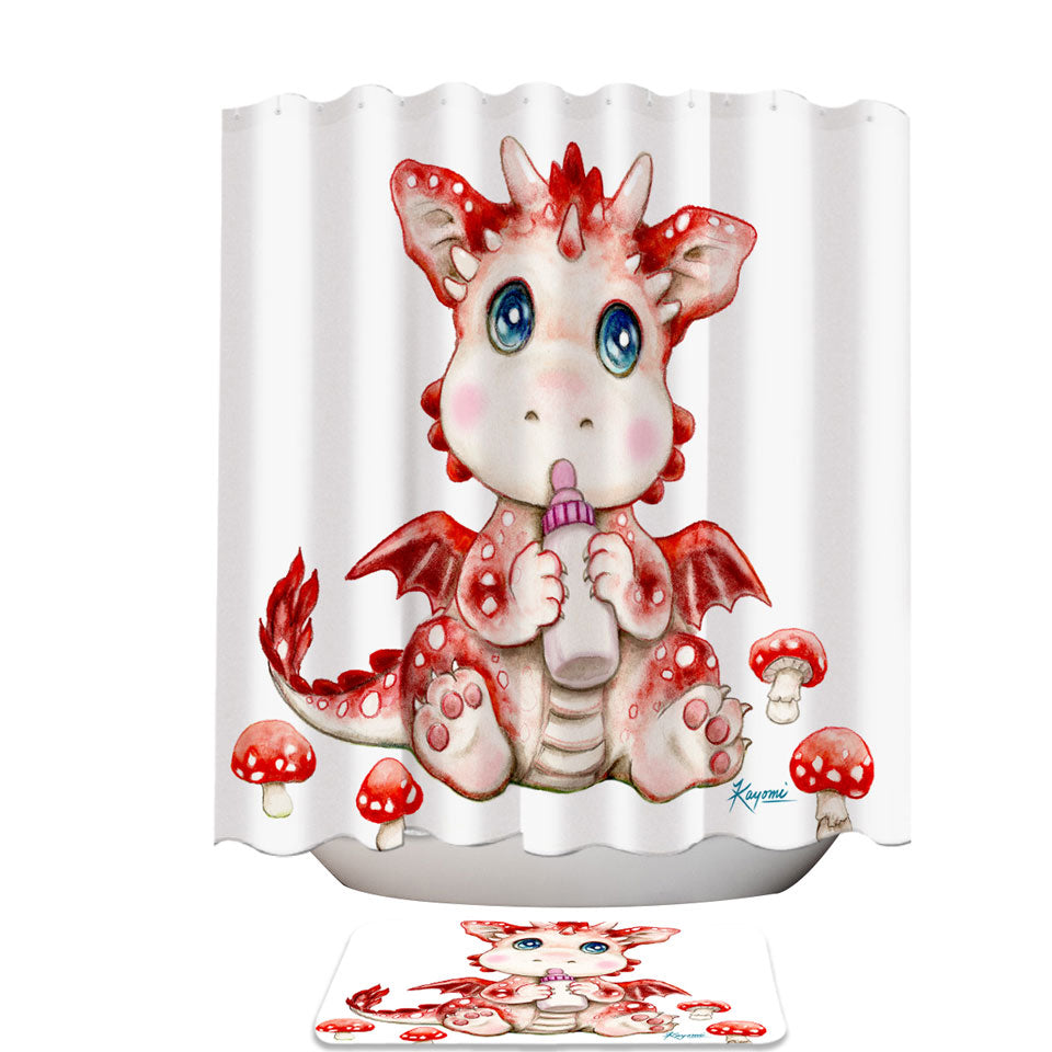 Cute Art Shower Curtain for Kids Red Mushrooms and Dragon