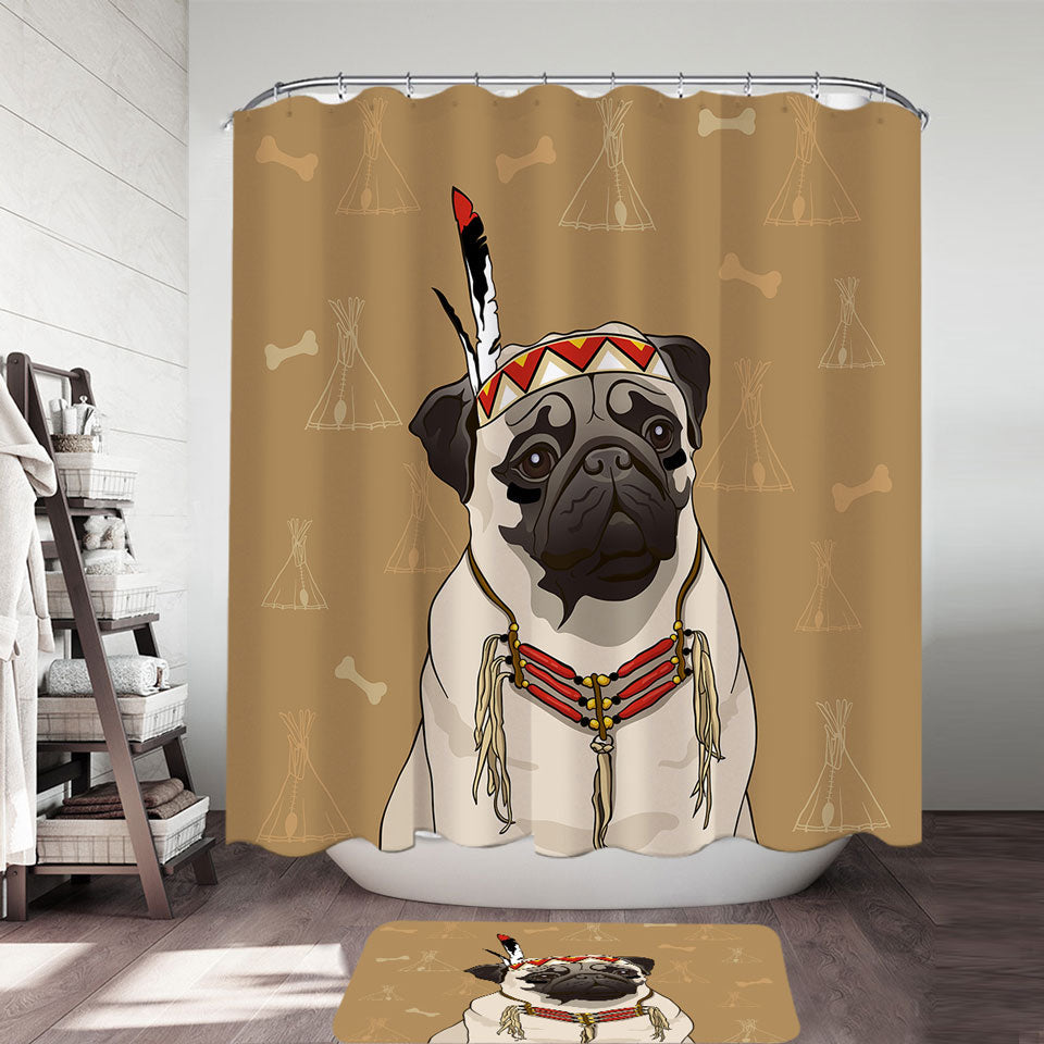 Cute Bathroom Decor Native American Chief Pug Shower Curtain