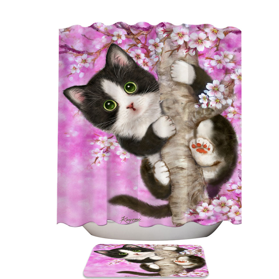 Cute Black and White Kitten Cat on Cherry Blossom Shower Curtain