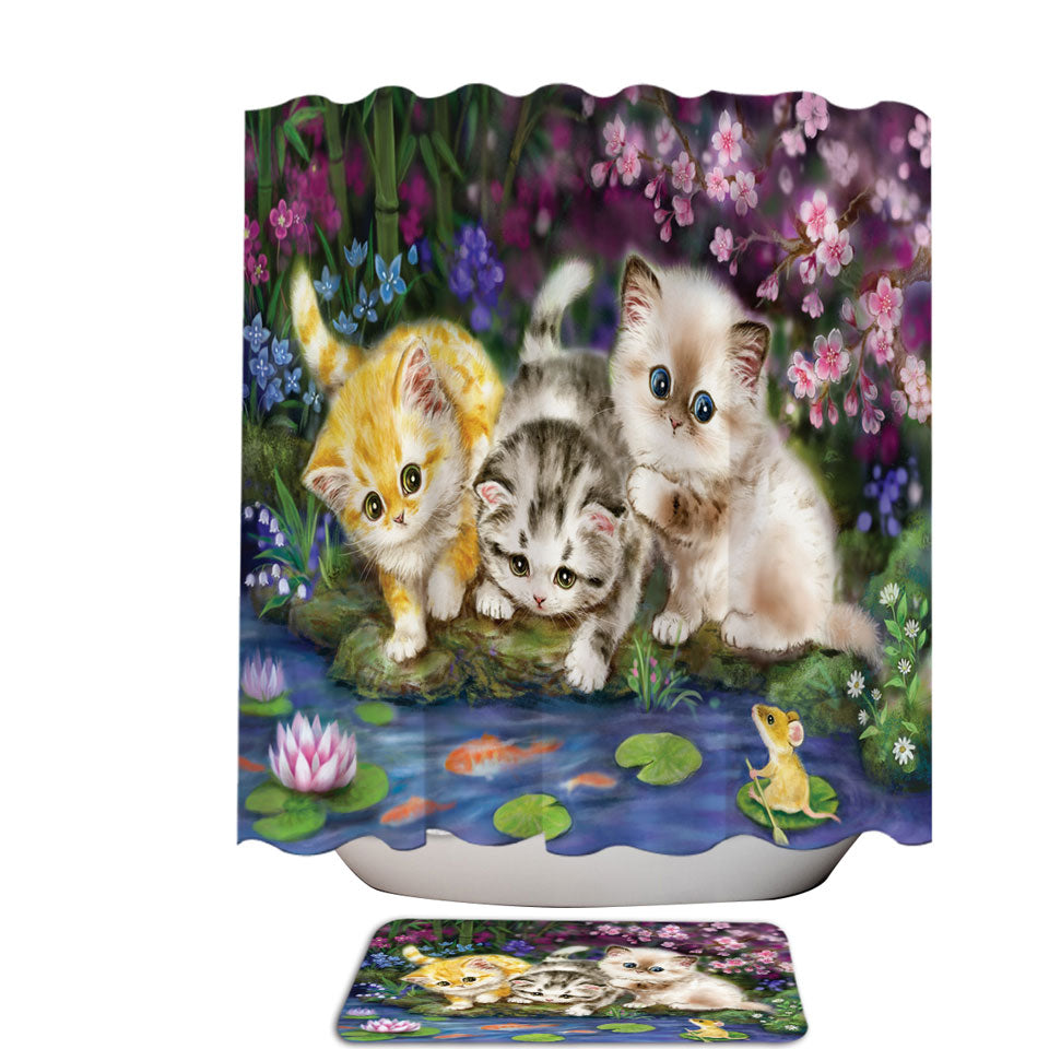 Cute Cat Art Three Kittens in Japanese Garden Shower Curtain
