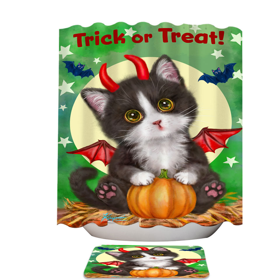 Cute Cat Design Fabric Shower Curtains for Halloween Devil Kitten