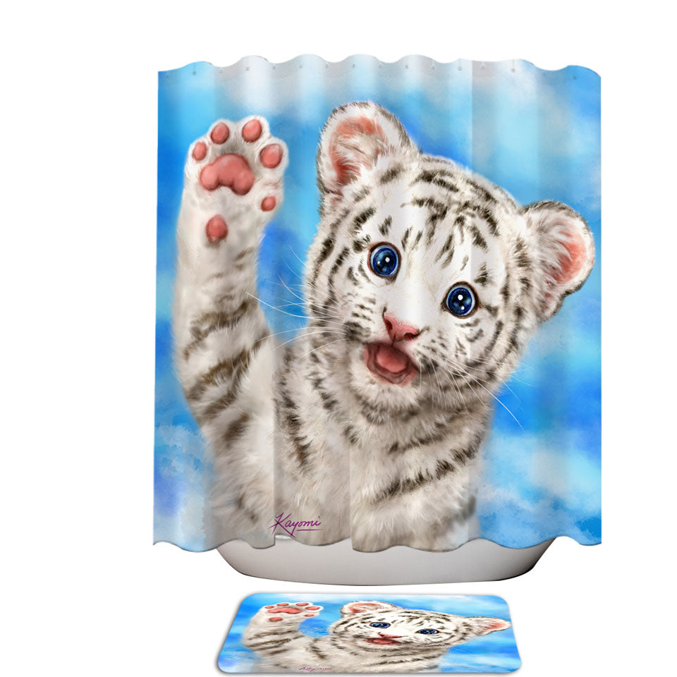 Cute Cat Designs Hi Five White Tiger Cub Shower Curtains