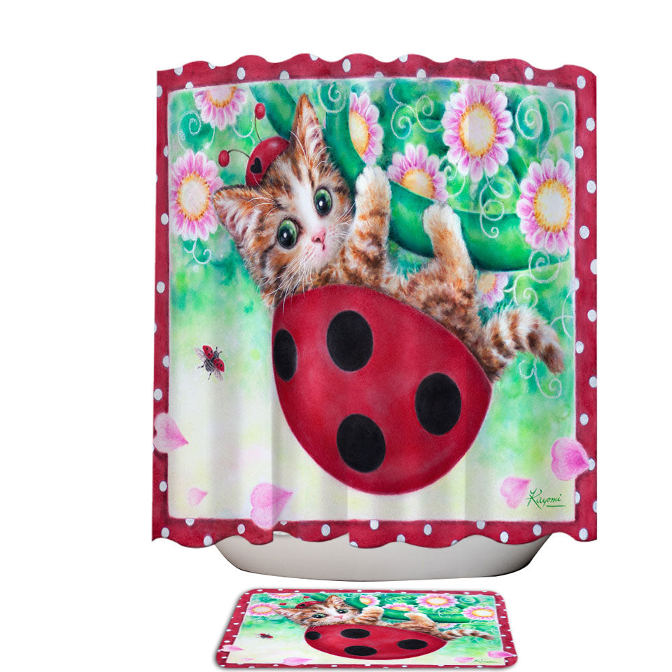 Cute Cat Drawings Bathroom Shower Curtains for Kids Ladybug Kitty