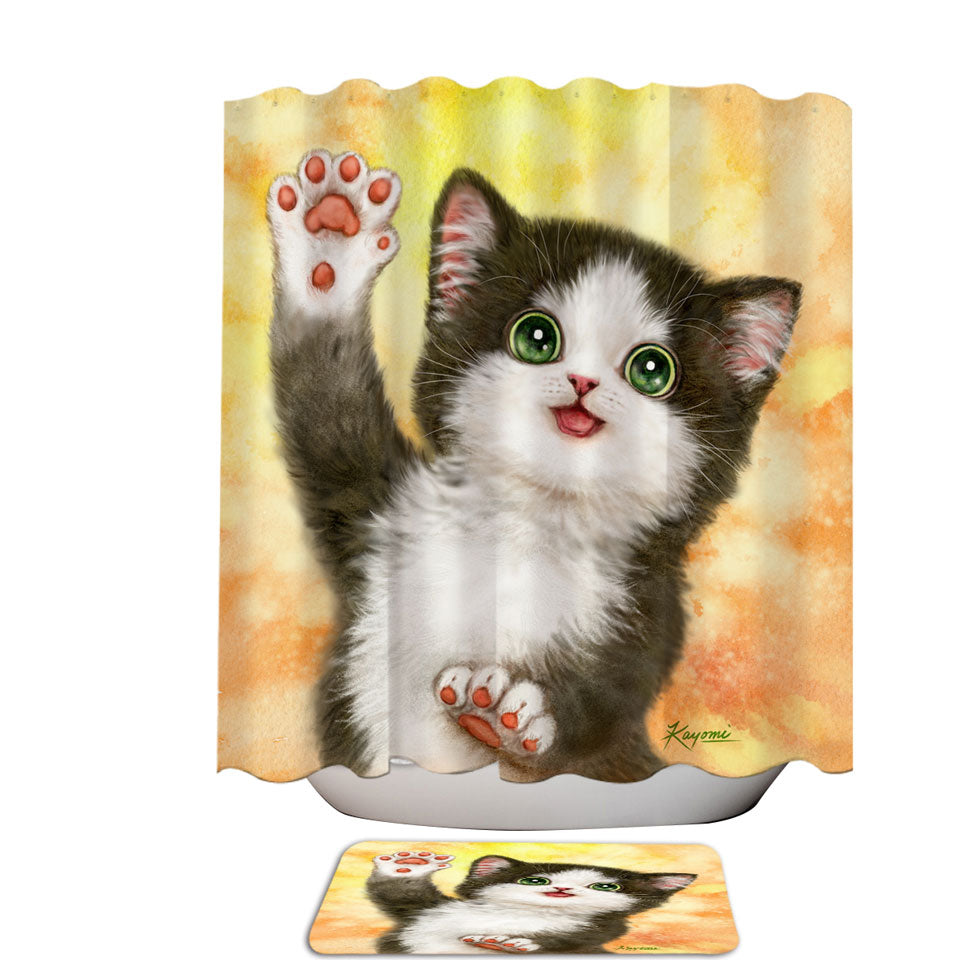 Cute Cat Shower Curtains Hi Five Black White Kitten