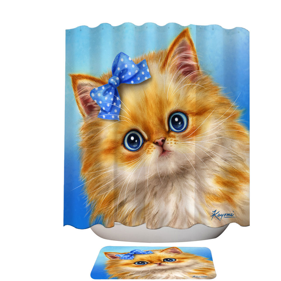 Cute Cats Adorable Blue Ribbon Kitten Shower Curtain and Bathroom Mat Rug