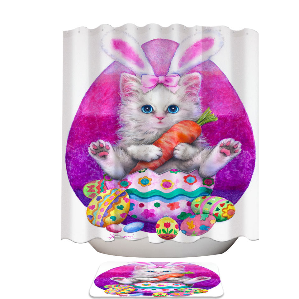 Cute Cats Easter Shower Curtains with Bunny Kitten Eating Carrot