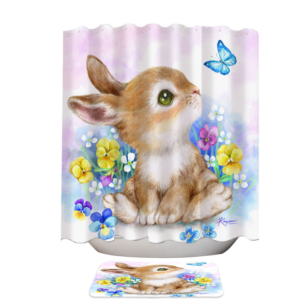 Cute Children Fabric Shower Curtains Art Designs Flowers Bunny and Butterfly