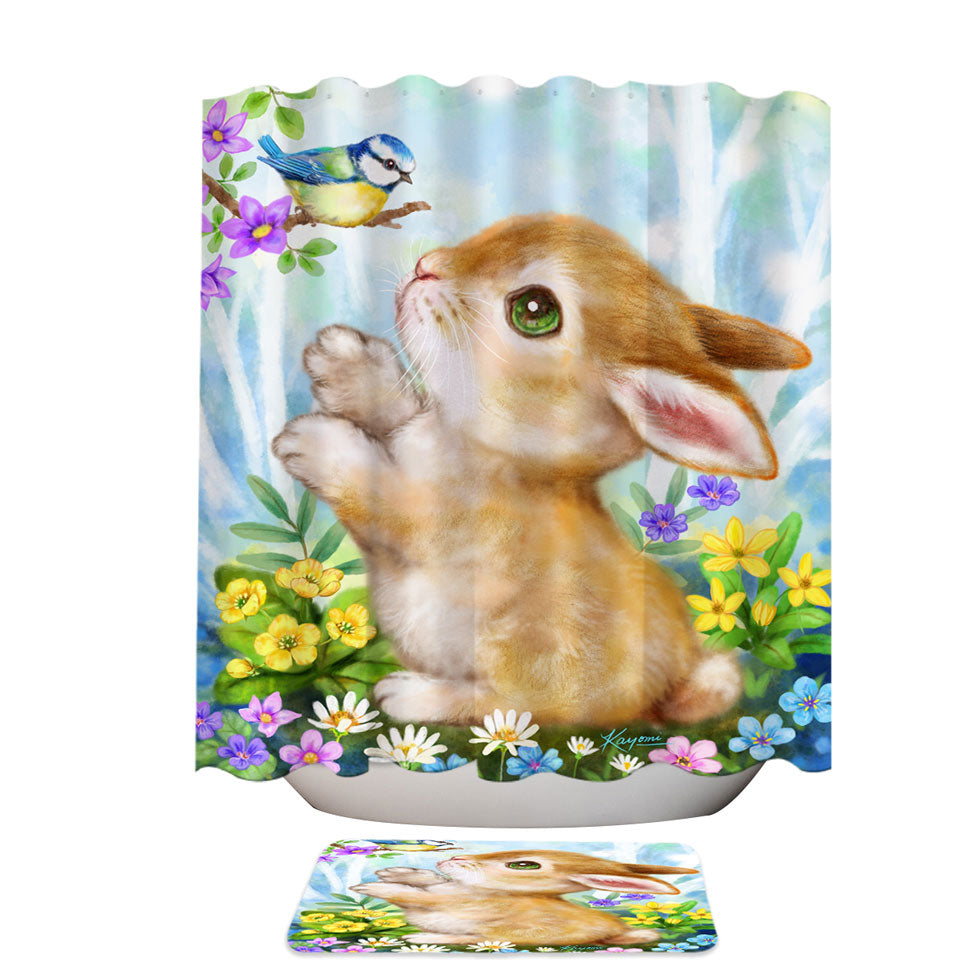 Cute Children Shower Curtains Art Designs Flowers Bunny and Bird