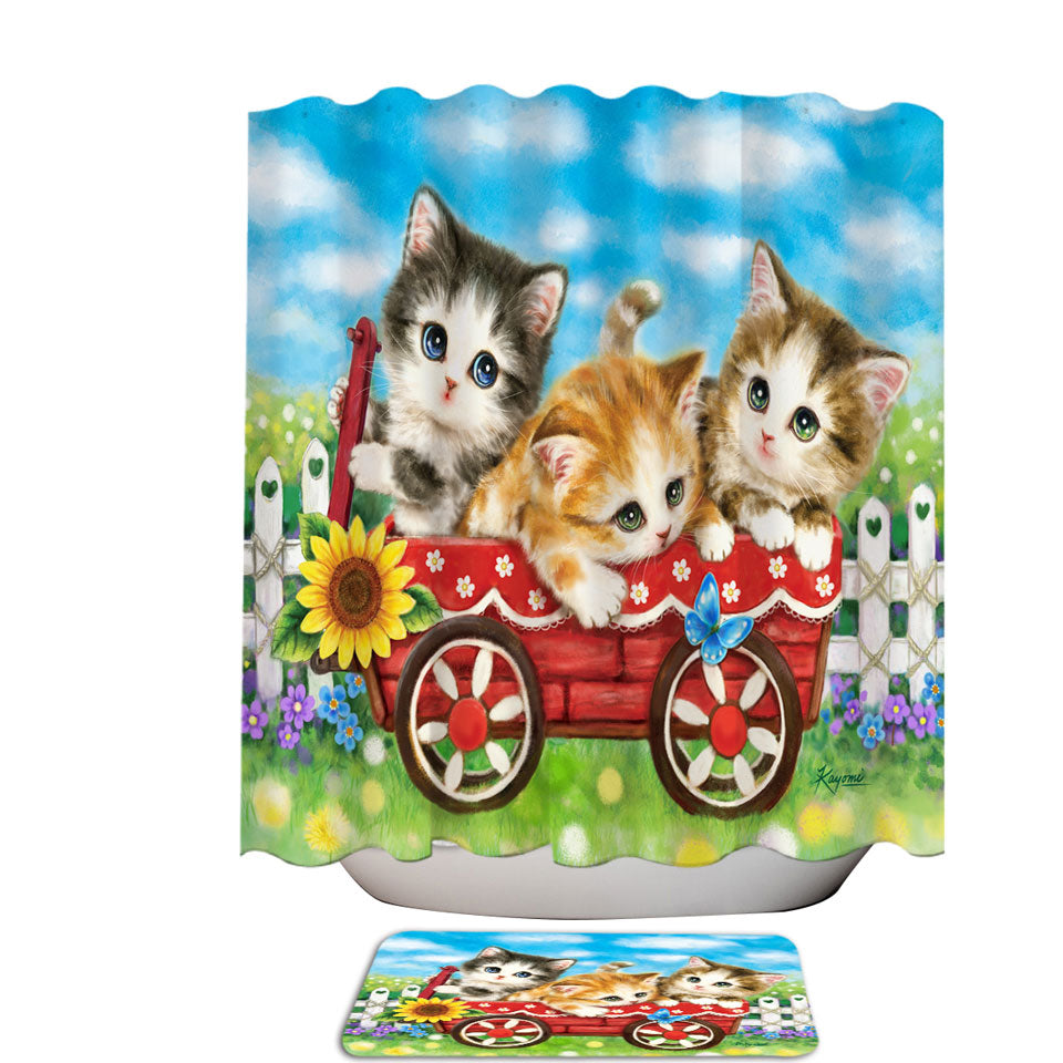 Cute Childrens Shower Curtains Cat Drawings for Kids Kitten in Wagon