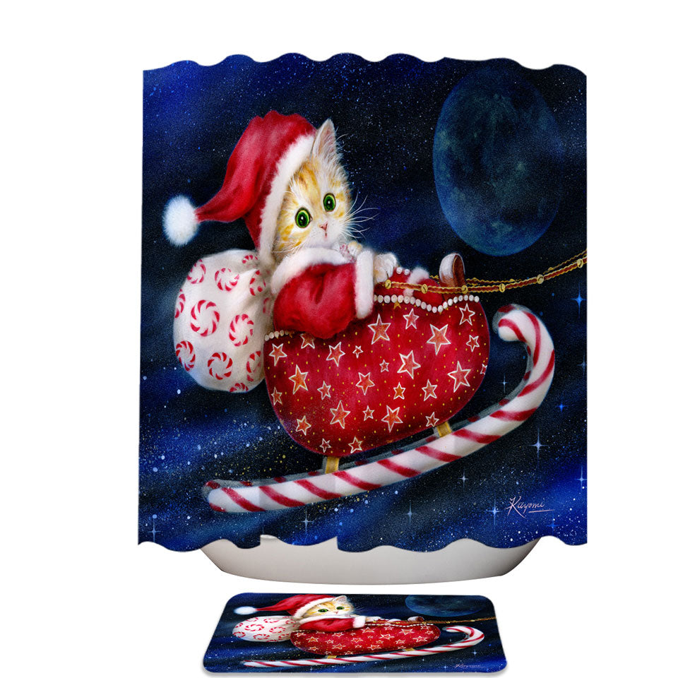 Cute Christmas Decorative Shower Curtains Design Candy Sleigh Kitten