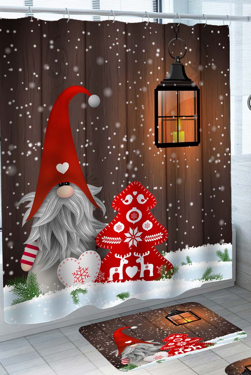 Cute Christmas Shower Curtain with Gnome Dwarf in the Snow