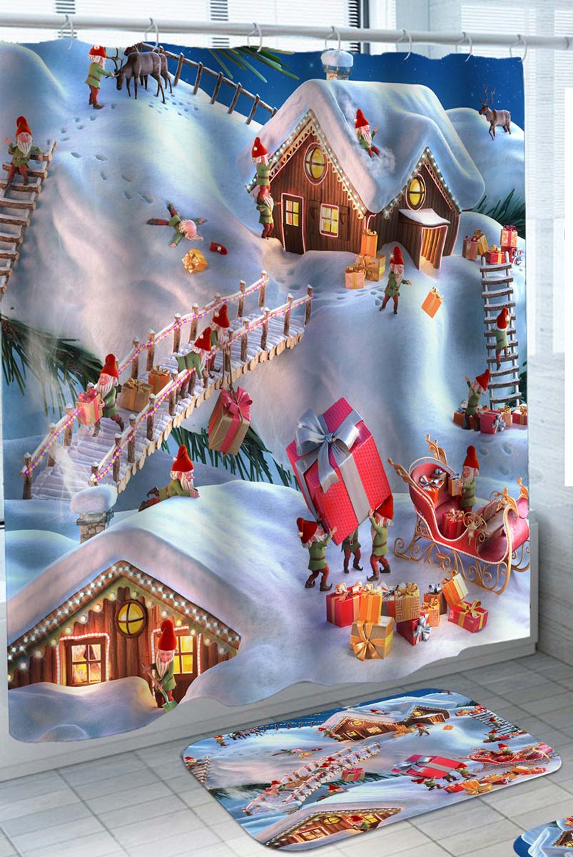 Cute Christmas Shower Curtain with the Elves Village
