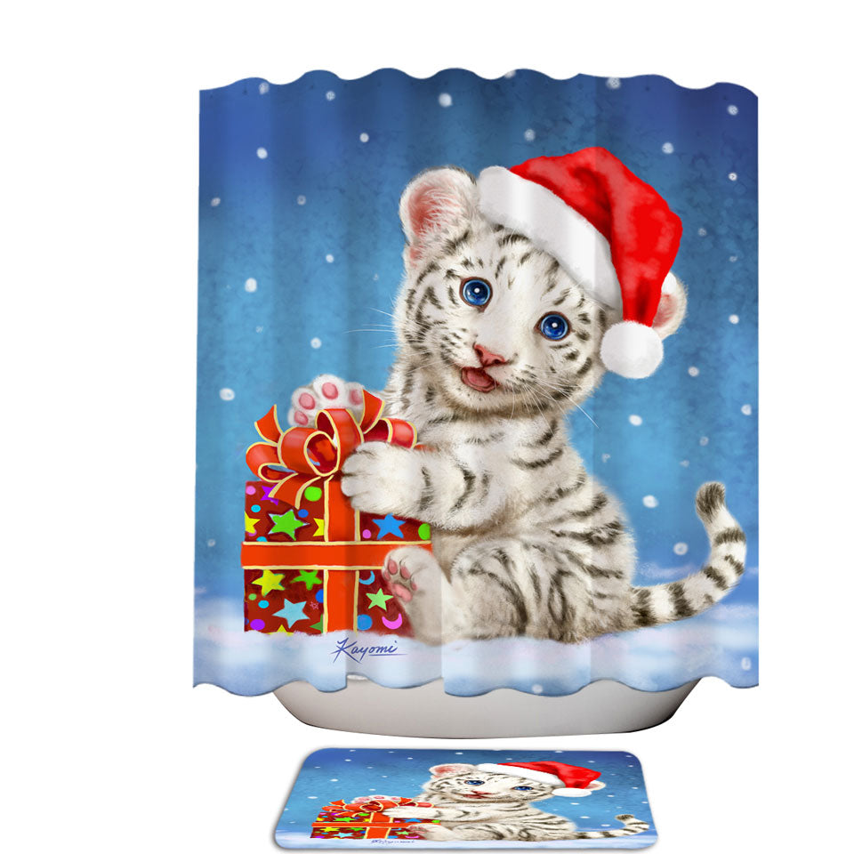 Cute Christmas Shower Curtains Design White Tiger Cub Gift