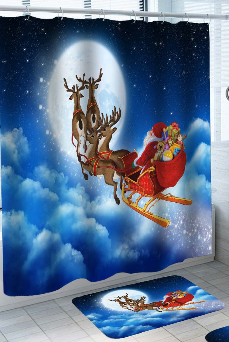 Cute Christmas Shower Curtains Santas Sleigh Flying to the Moon