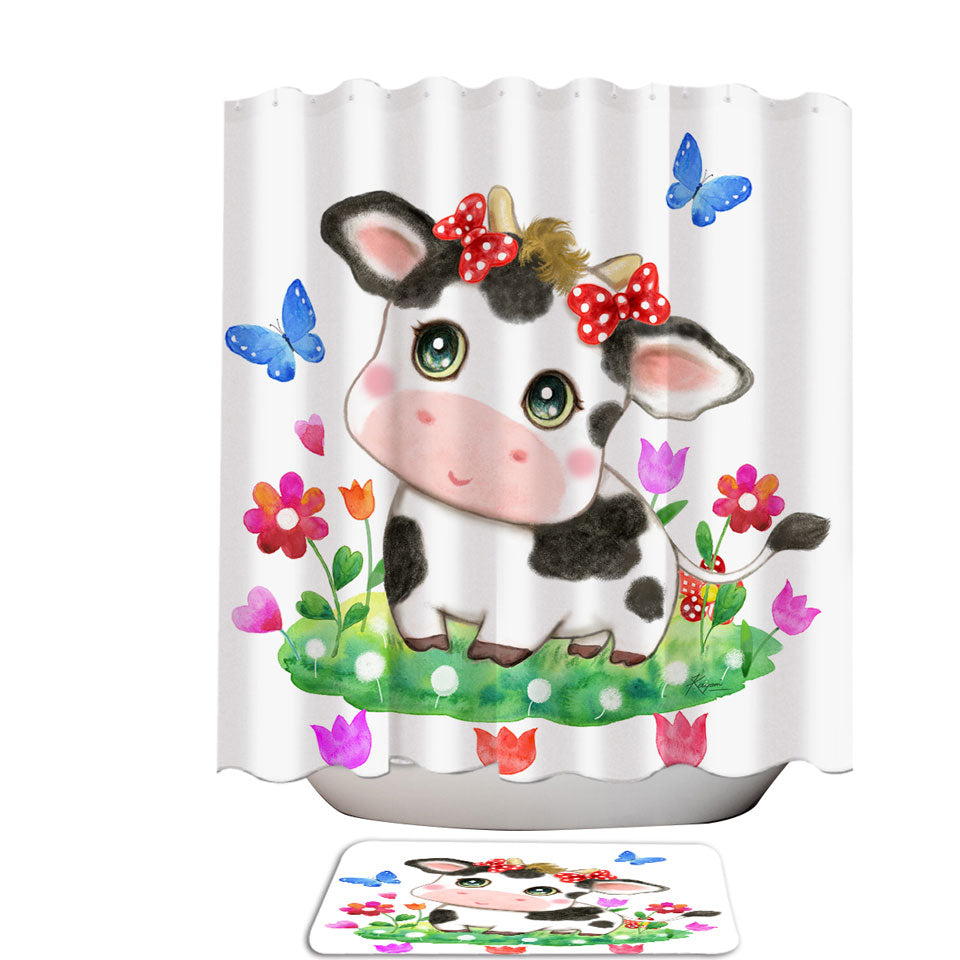Cute Design Fabric Shower Curtains for Kids Little Cow and Butterflies