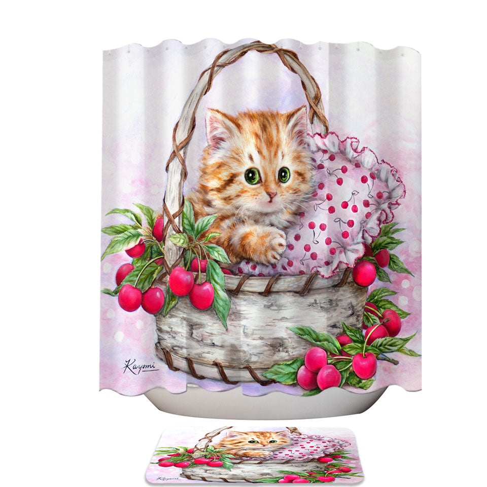 Cute Designs Shower Curtains for Girls Kitten in Cherries Basket