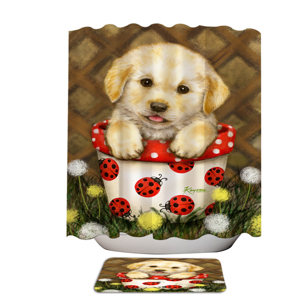 Cute Dog Puppy in Ladybug Flower Pot Shower Curtain