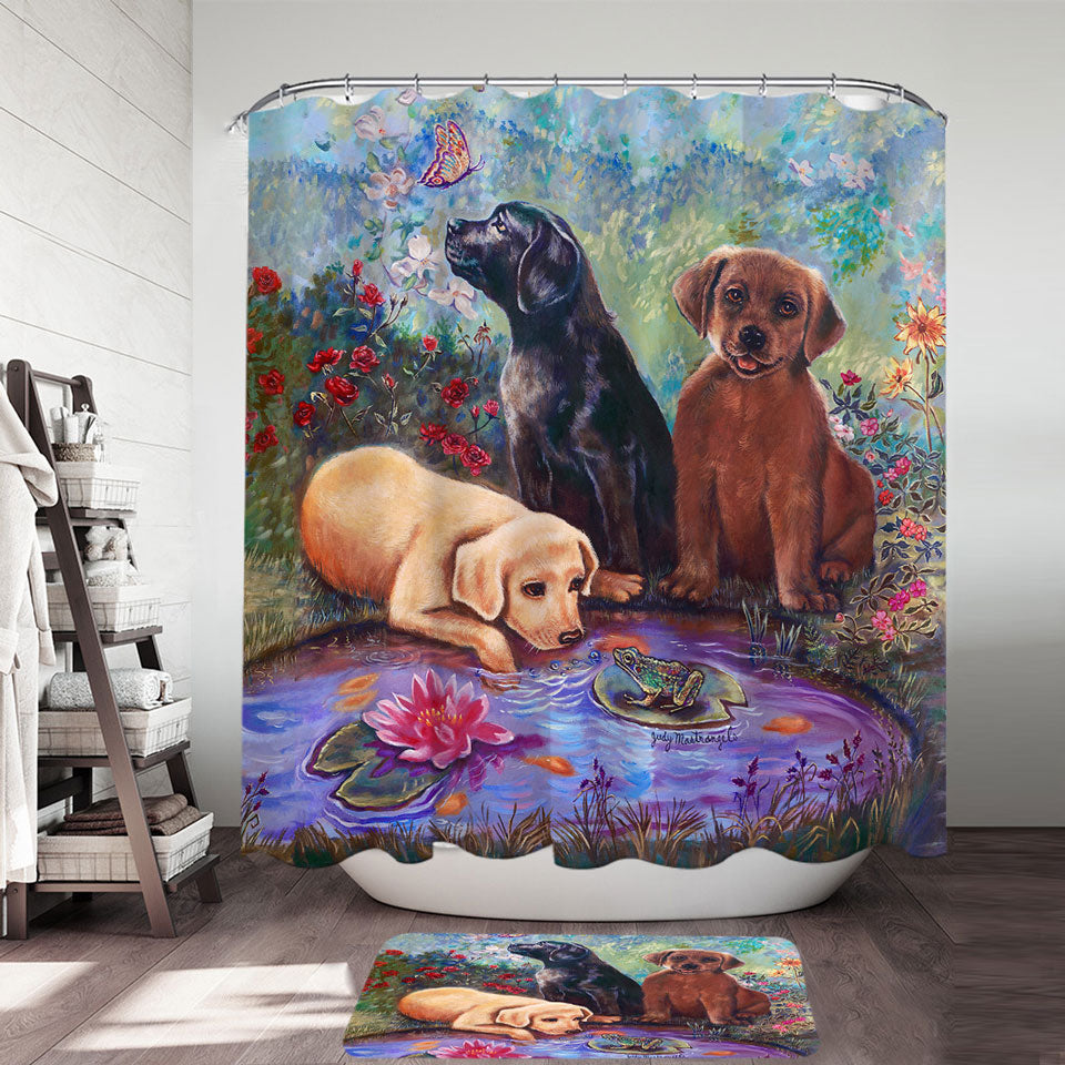 Cute Dog Shower Curtain Art Lovely Labradors in the Flower Garden