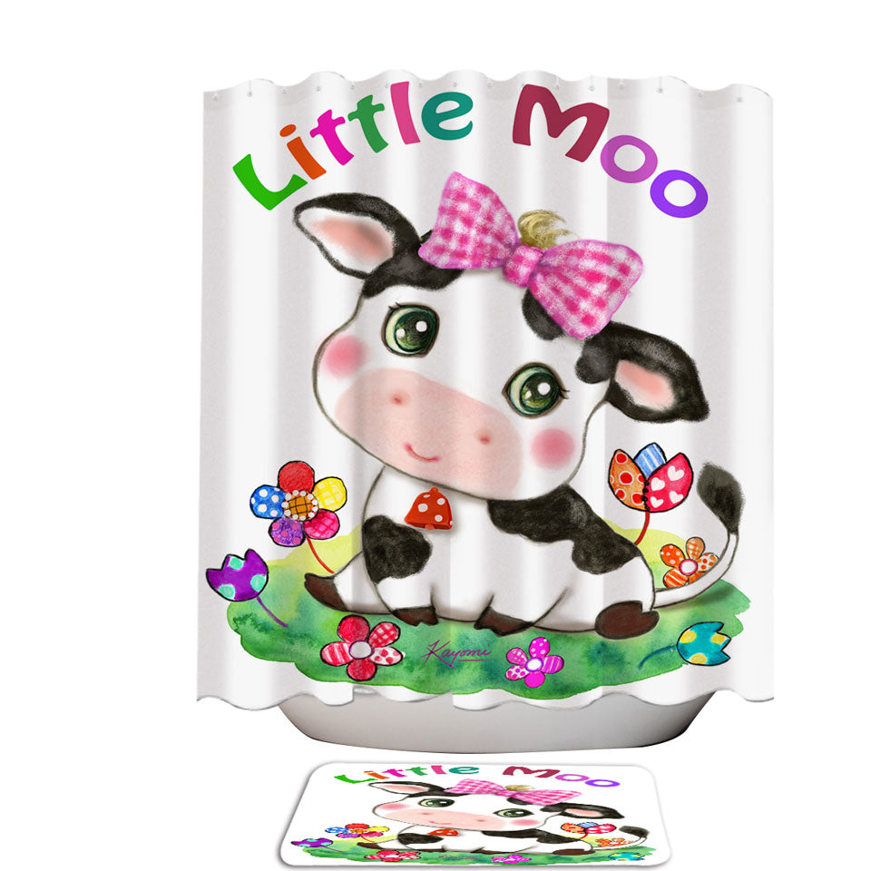 Cute Drawings Bathroom for Kids Little Moo Cow and Flowers Shower Curtain