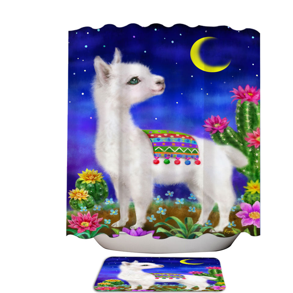 Cute Drawings Trendy Shower Curtains for Kids Llama in the Moonlight