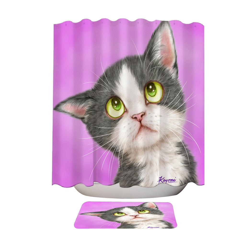 Cute Fabric Shower Curtains Art for Kid Adorable Grey Kitten