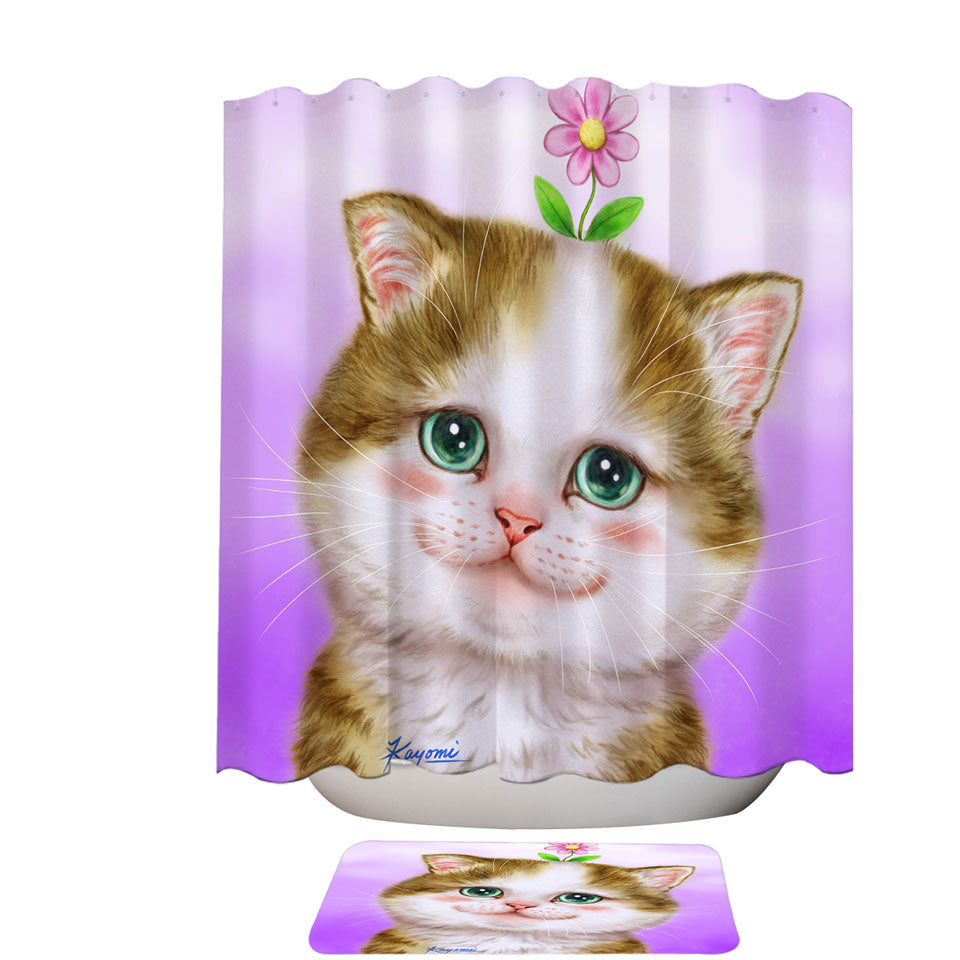Cute Fabric Shower Curtains Cats Prints Blushing Sweet Flower Kitten