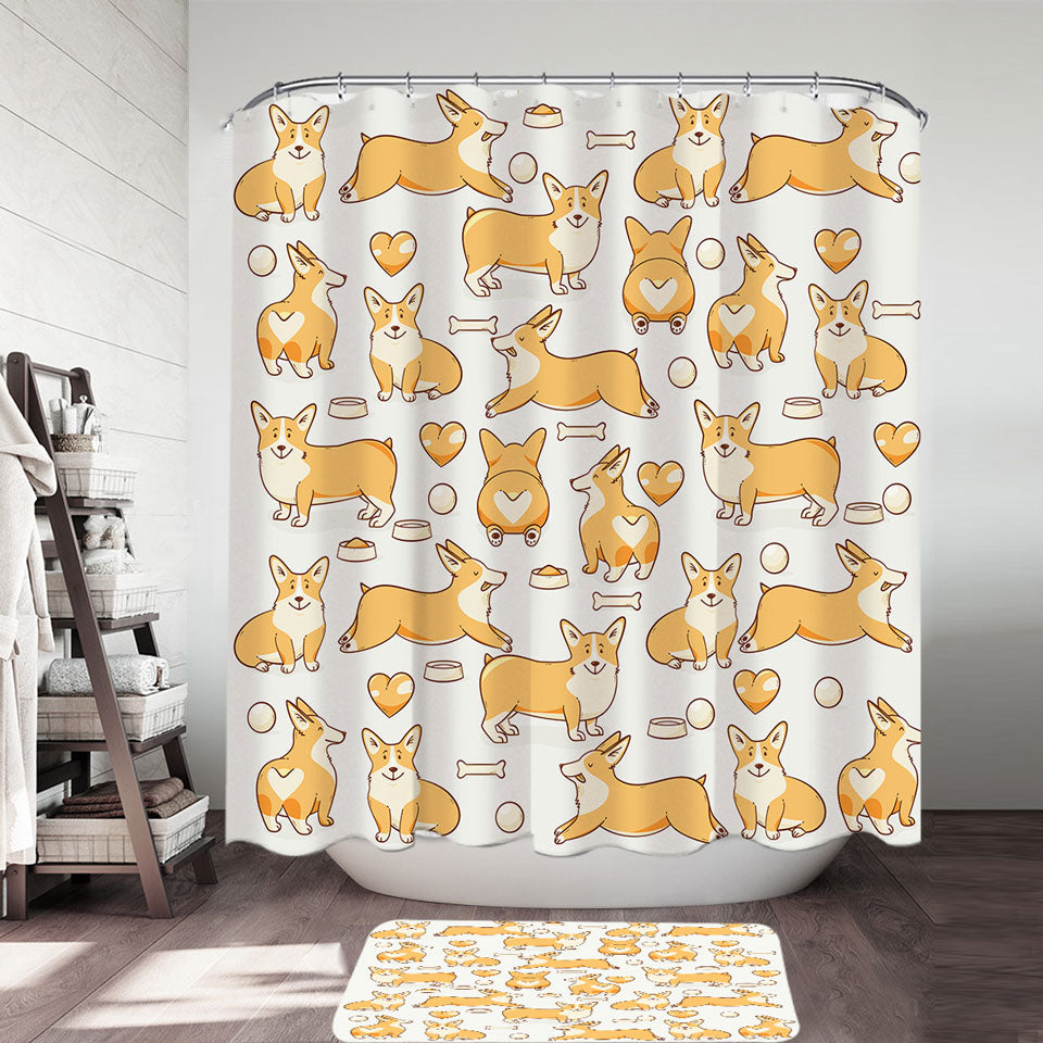 Cute Fabric Shower Curtains with Corgi Dog Heart and Bone Pattern