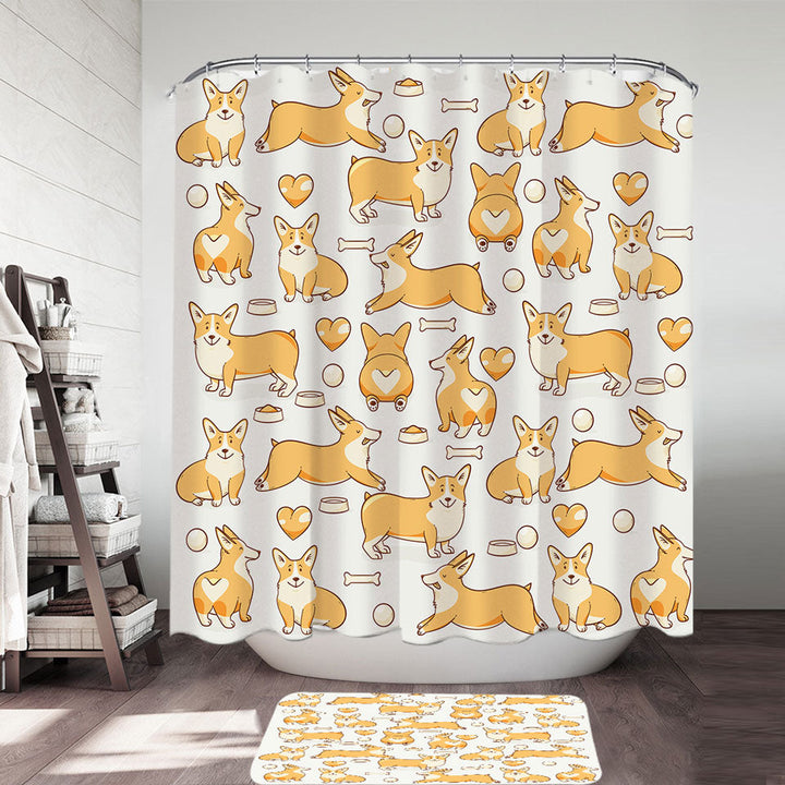 Cute Fabric Shower Curtains with Corgi Dog Heart and Bone Pattern