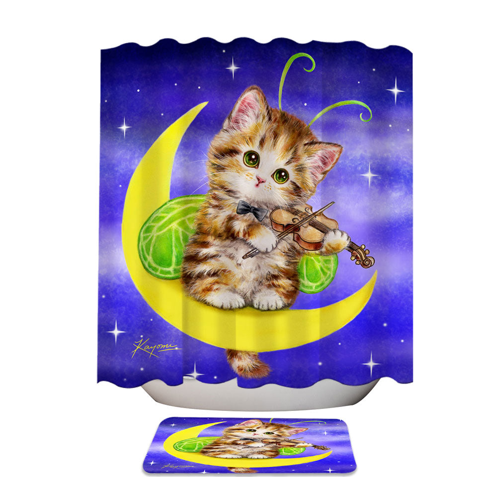 Cute Fabric Shower Curtains with Fantasy Cats Art Violinist Tabby Kitten