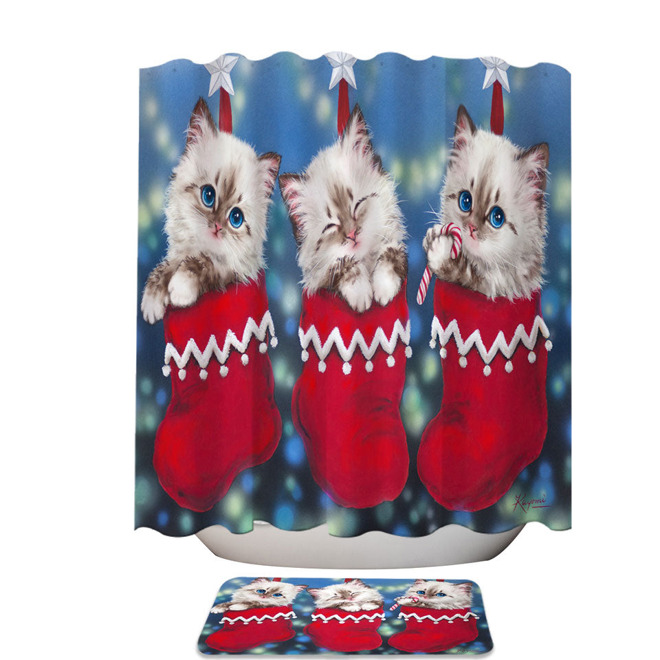 Cute Fabric Trendy Shower Curtains with Christmas Design Trio Kittens in Red Socks