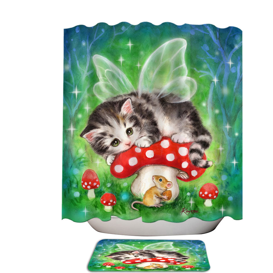 Cute Fantasy Cat Art Kitten Fairy on Mushroom Shower Curtains