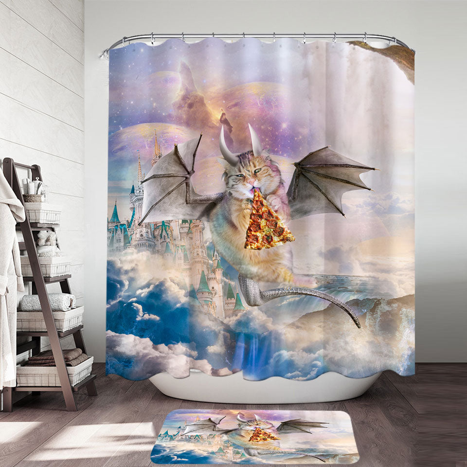Cute Fantasy Shower Curtains Art Galaxy Dragon Cat Eating Pizza in Space