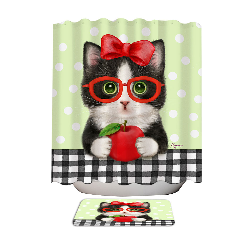 Cute Funny Cats Tuxie with Apple and Glasses Shower Curtain