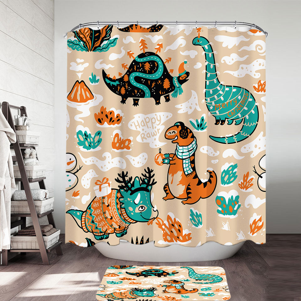 Cute Funny Wintry Dinosaurs Kids Shower Curtains