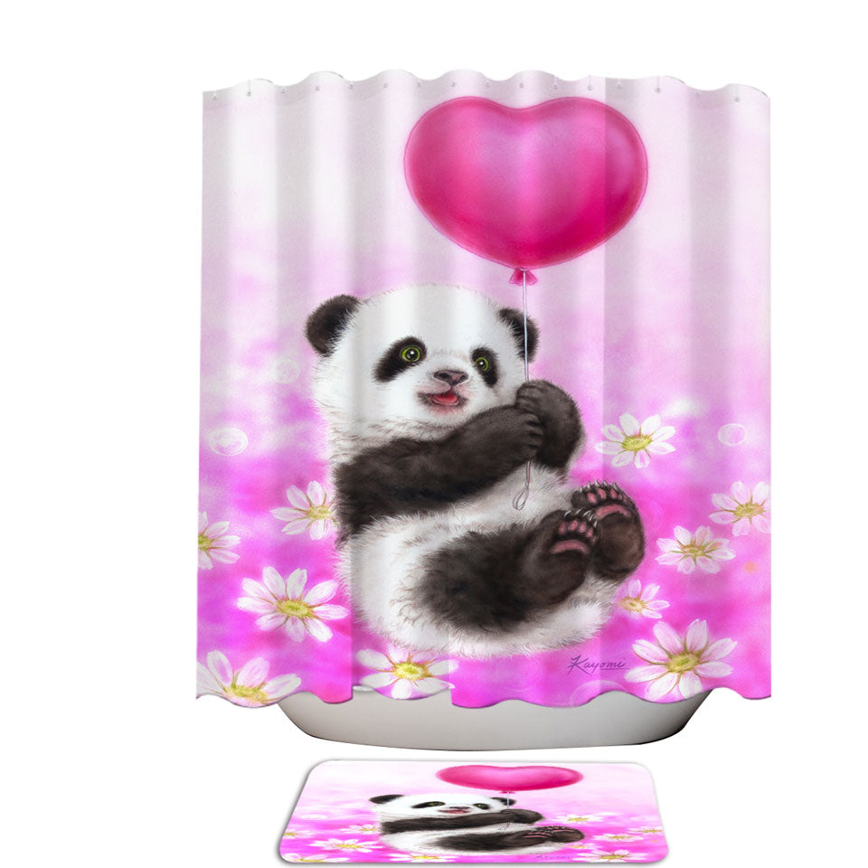 Cute Girls Fabric Shower Curtain Design Flowers Heart Balloon and Panda