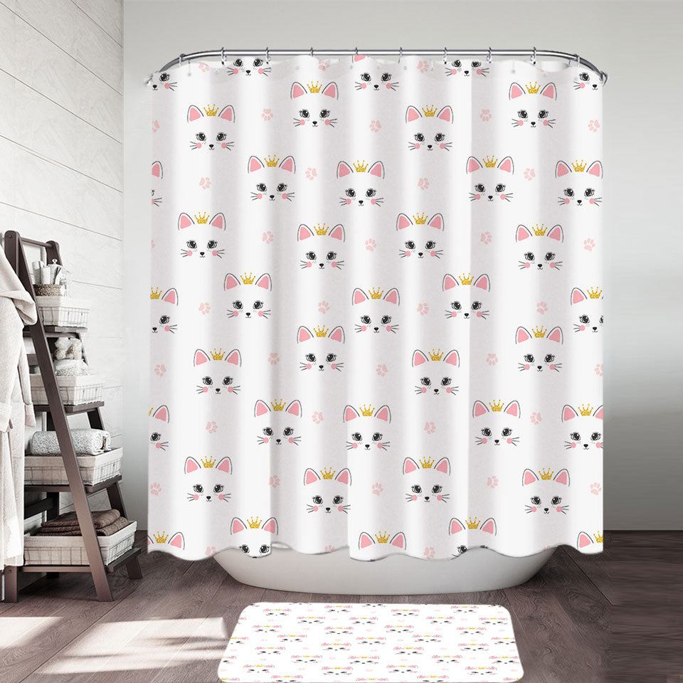 Cute Girls Shower Curtain Adorable Cat Princess and Paw Pattern