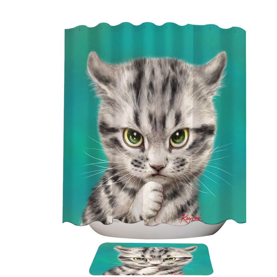 Cute Grey Striped Threatening Kitty Cat Shower Curtains with Bathroom Rugs