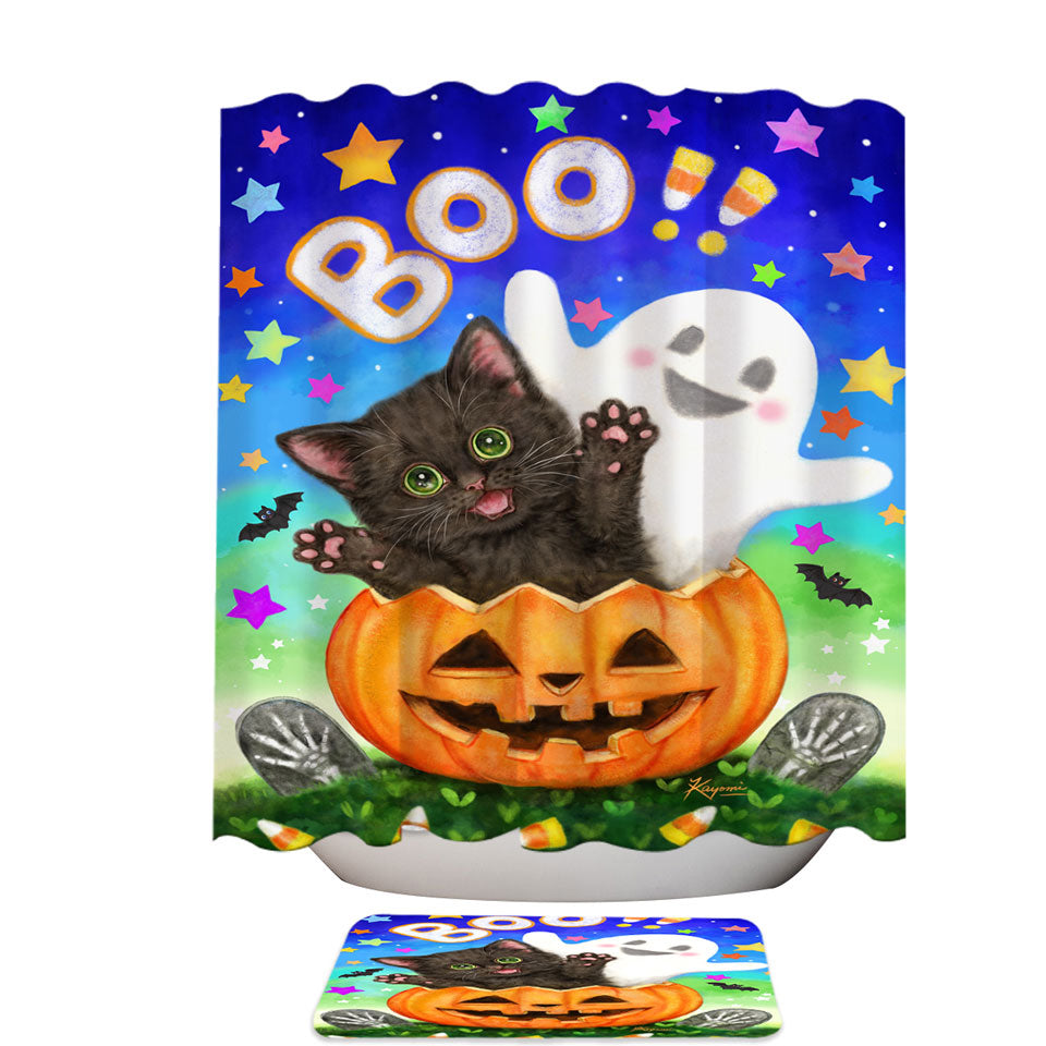 Cute Halloween Design Shower Curtains with Pumpkin Ghost and Cat