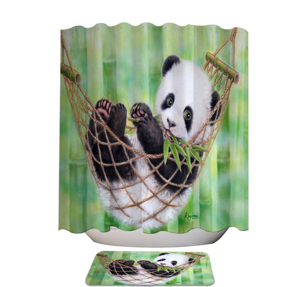 Cute Hammock Panda and Green Bamboo Leaves Shower Curtains for Sale