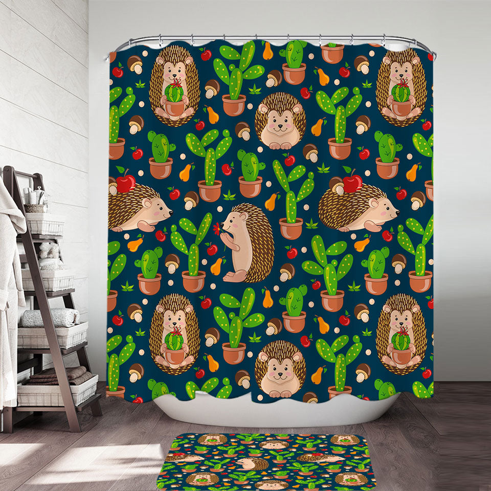 Cute Hedgehog and Cactus Shower Curtain