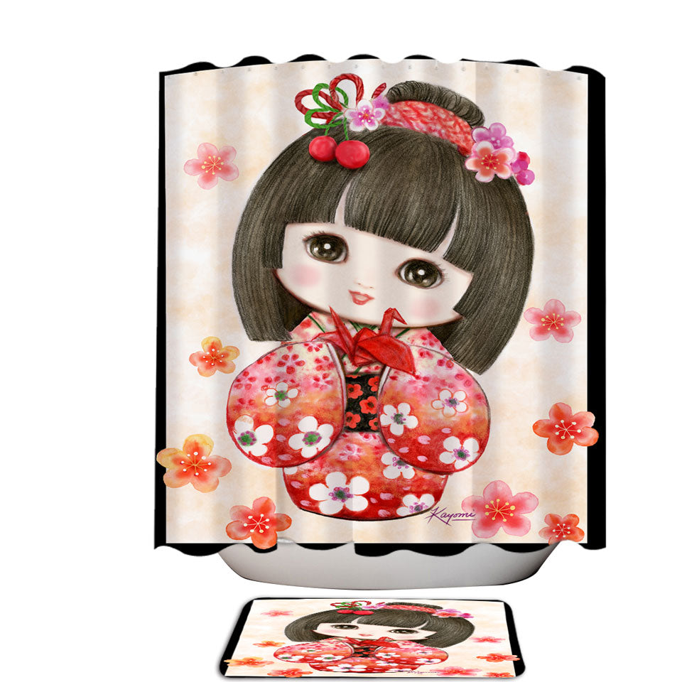 Cute Japanese Girl Fabric Shower Curtains Wearing Red Kimono