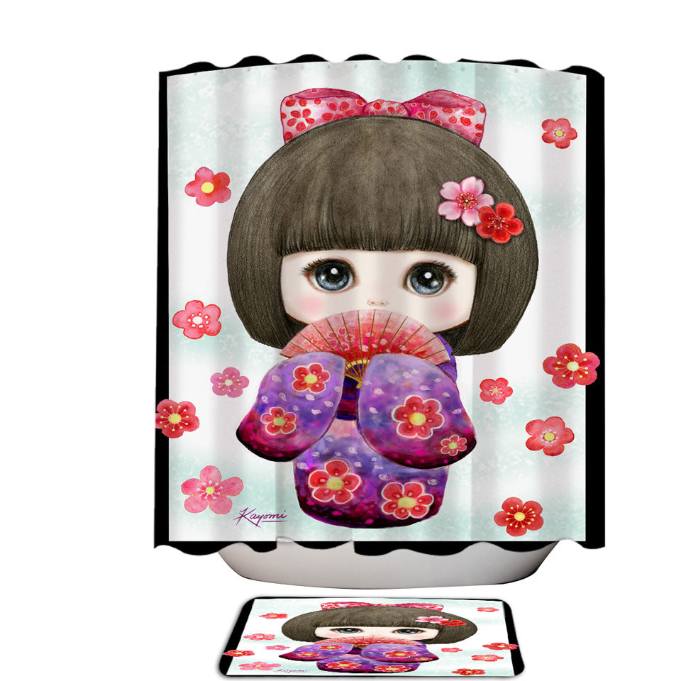 Cute Japanese Girl Shower Curtains Wearing Kimono and Folding Fan