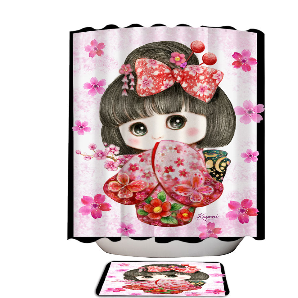 Cute Japanese Kimono Cherry Flowers Girl Shower Curtain