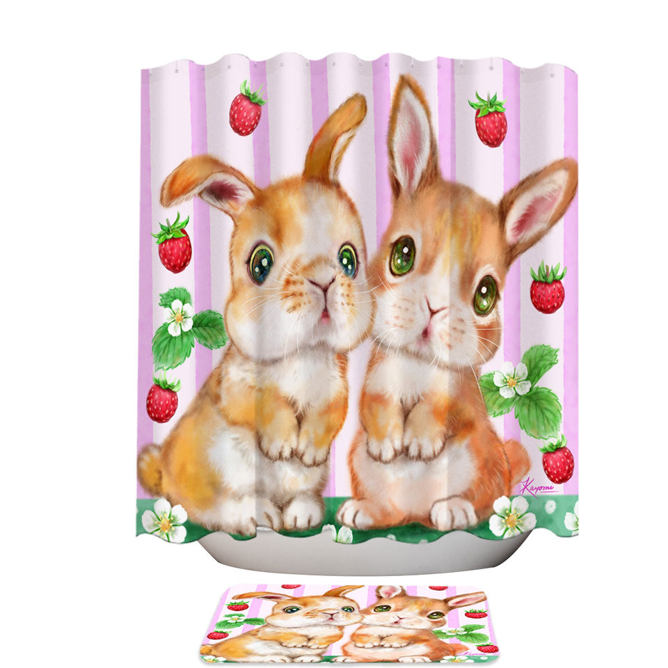 Cute Kids Bathroom Shower Curtains Art Designs Bunnies and Strawberries
