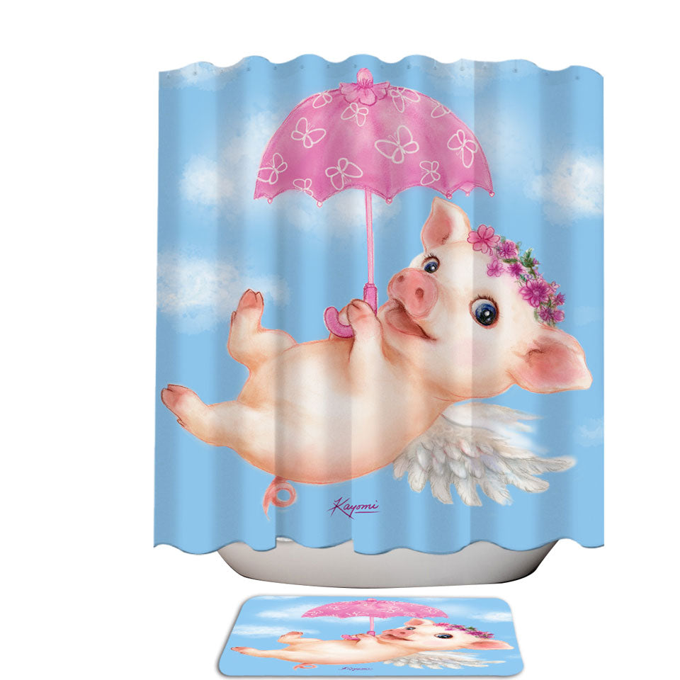 Cute Kids Design Pink Umbrella Angel Pig Shower Curtain