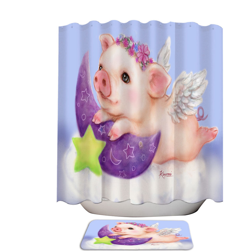 Cute Kids Design Purple Moon Angel Pig Fabric Shower Curtains