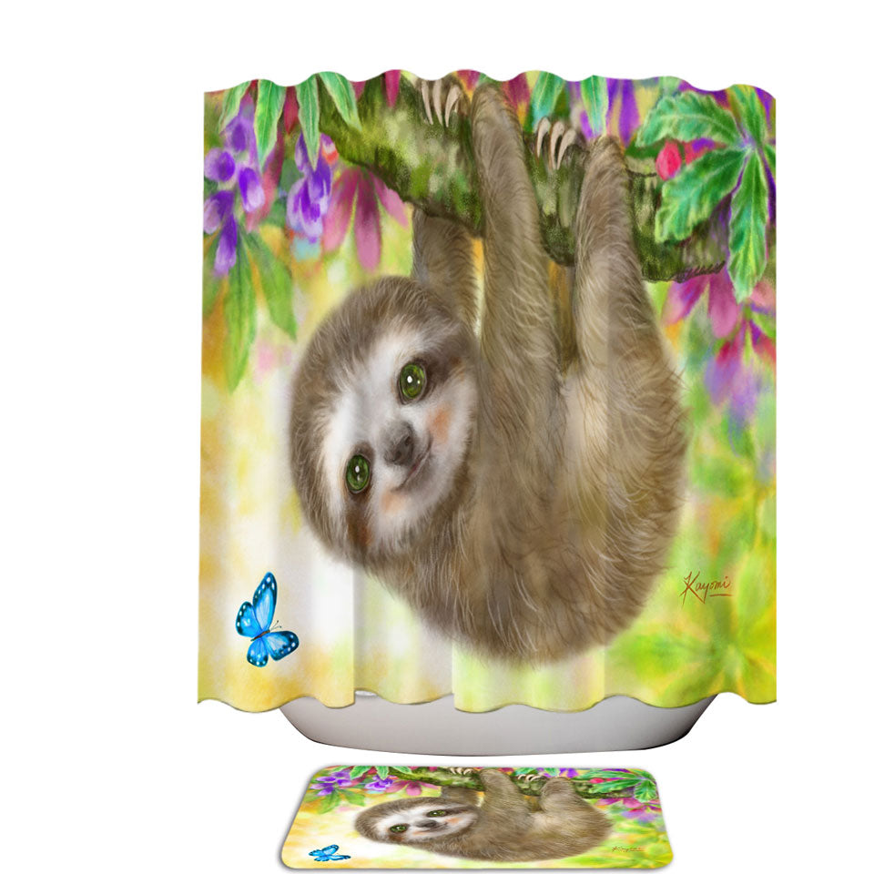 Cute Kids Design Sloth Shower Curtain Baby Hanging from Branch