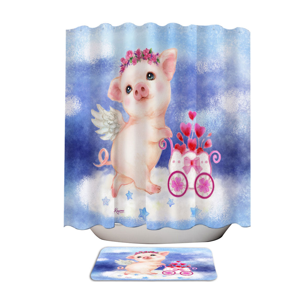 Cute Kids Discount Shower Curtains Design Heart Angel Pig with Flowers