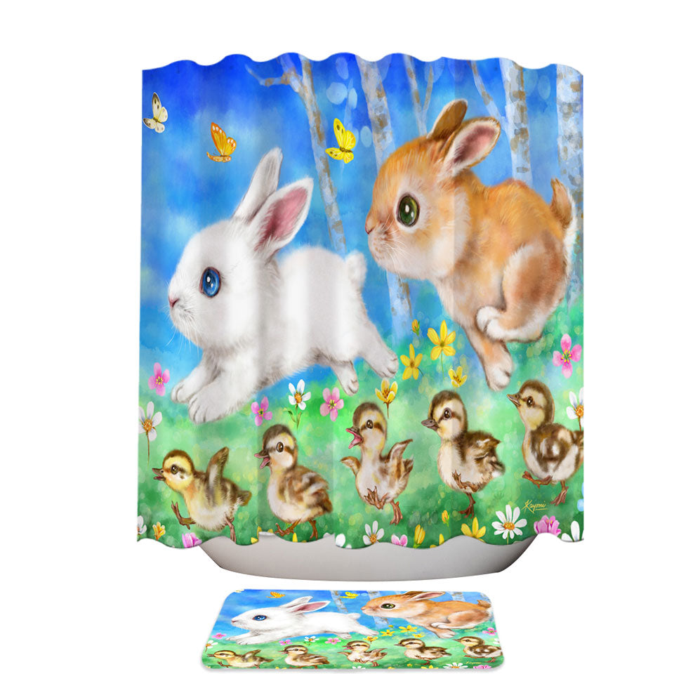 Cute Kids Shower Curtains Art Designs Ducklings and Bunnies