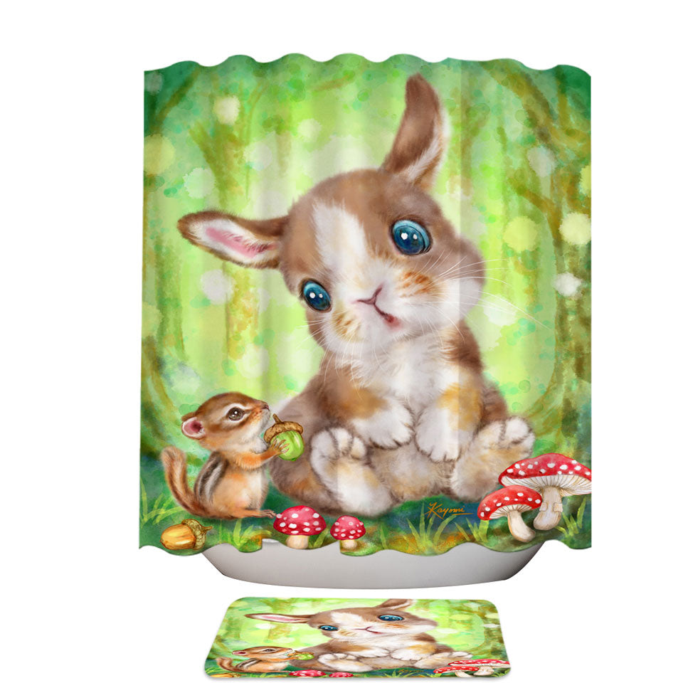 Cute Kids Shower Curtains Drawings Mushrooms Bunny and Chipmunk Shower Curtain